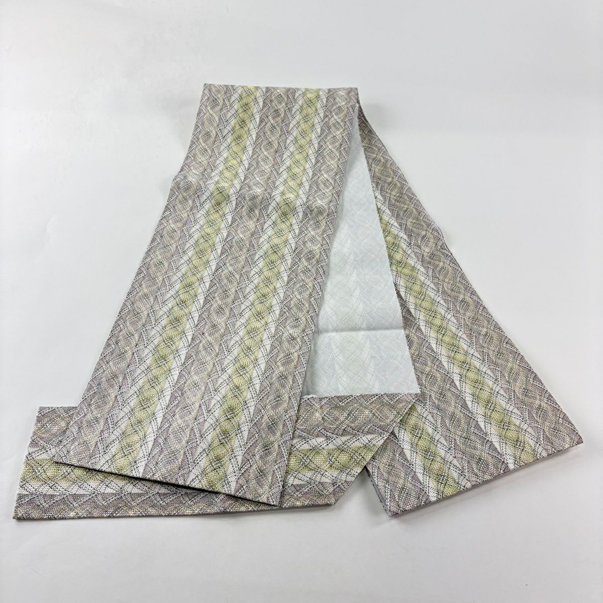 【美品】 名古屋帶 秀品級 八寸名古屋帶 松樹葉仕立 雜幾何 金銀彩 灰紫 純蠶絲