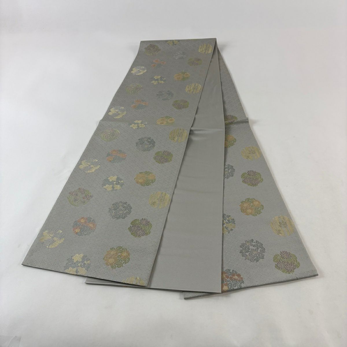 袋帶 名品級 金金箔屋清兵衛 落款 草花紋紋 金金箔 草木染 灰色 六通 純蠶絲