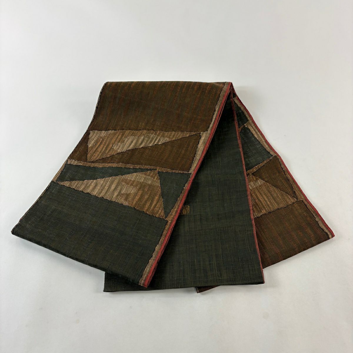 【美品】 袋帶 名品級 渡文 落款あり 幾何學圖案 金金箔 金絲 深綠色 大鼓圖案 純蠶絲