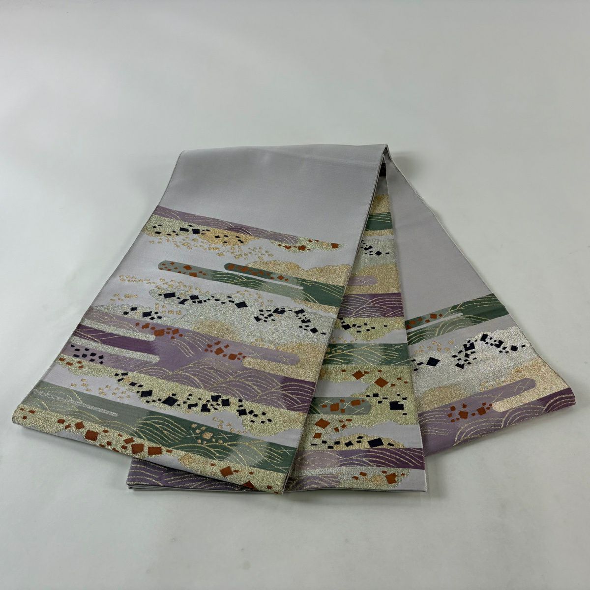 【美品】 袋帶 秀品級 雲霞 金金箔散佈 金銀絲 淺紫色 大鼓圖案 純蠶絲