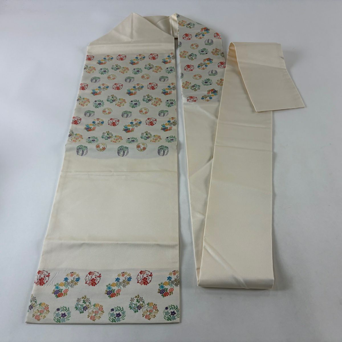 名古屋帶 秀品級 關西仕立 花丸紋 金銀彩 刺繡 奶油色 純蠶絲