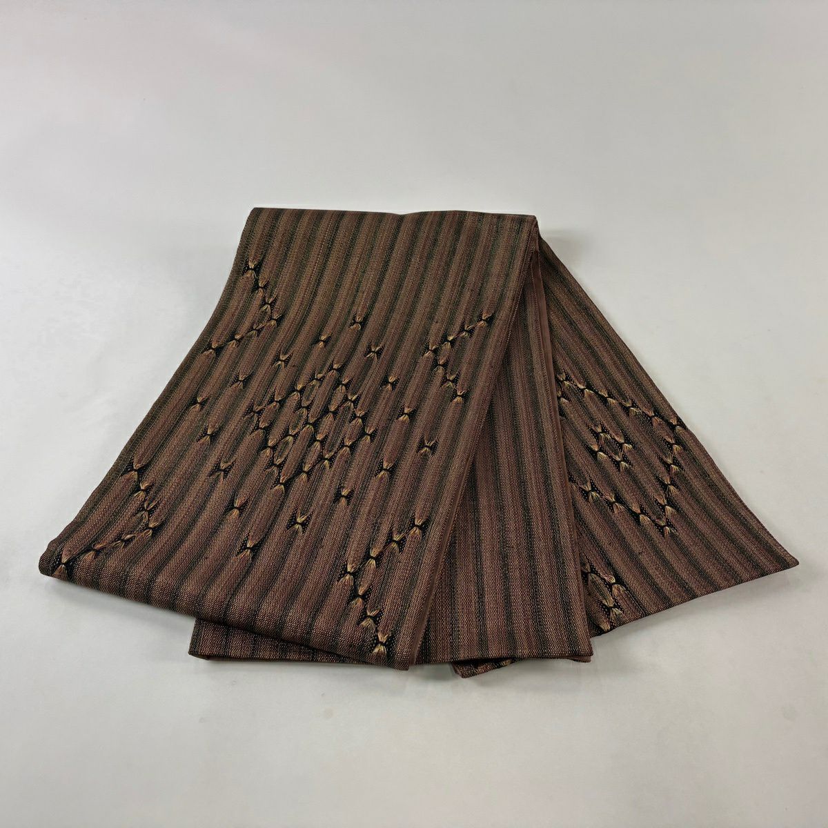 【美品】 袋帶 優品級 條紋 幾何圖案 金絲 小豆色 大鼓圖案 純蠶絲