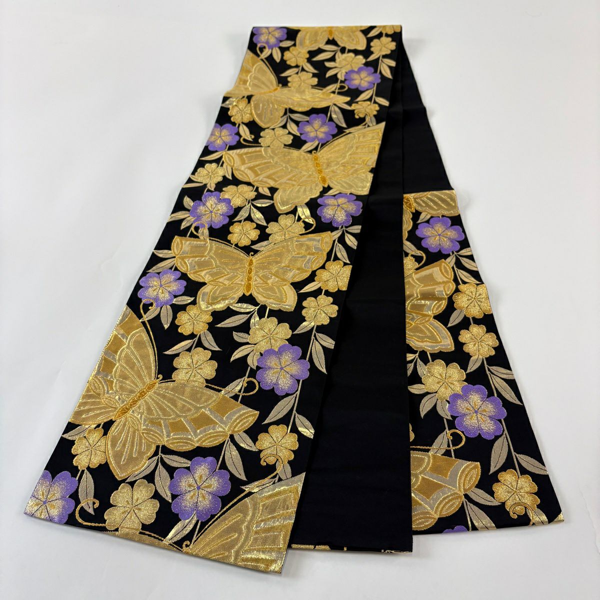 袋帶 秀品級 振袖禮服禮服用 蝴蝶 垂枝櫻 金絲 金金箔 黑 六通 純蠶絲