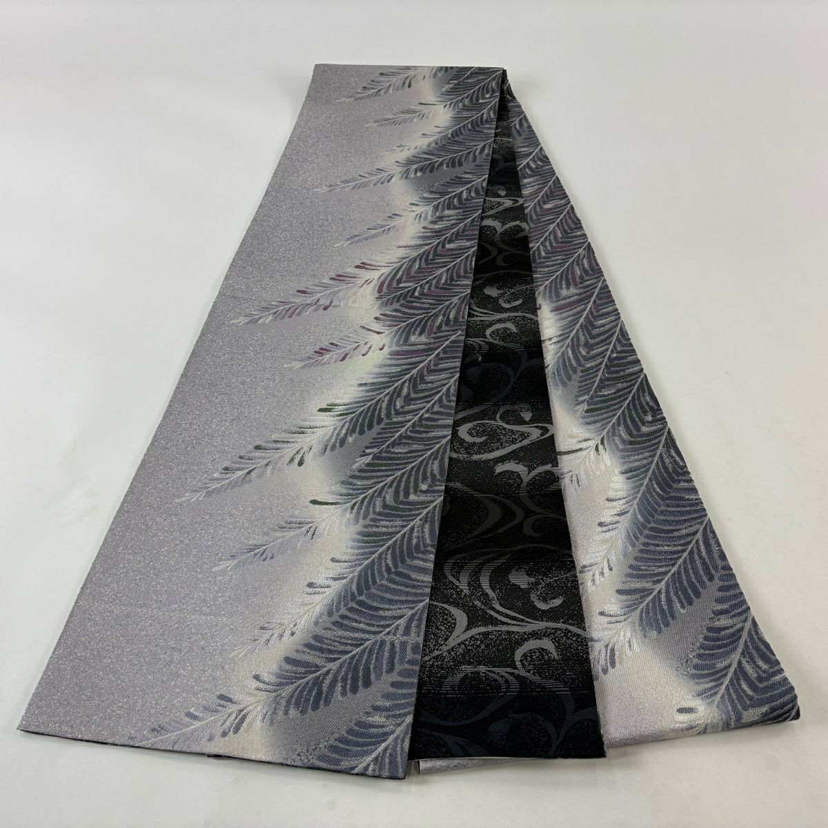 【美品】 袋帶 秀品級 葉柄 銀線 淺紫 全通 純蠶絲
