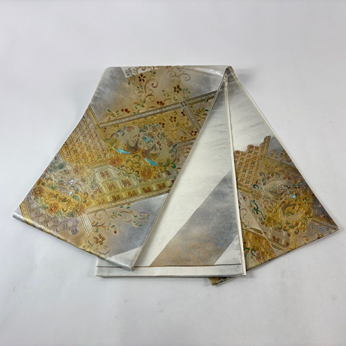 袋帶 秀品級 向鳥 草花紋紋 螺鈿 金銀彩 金 純蠶絲