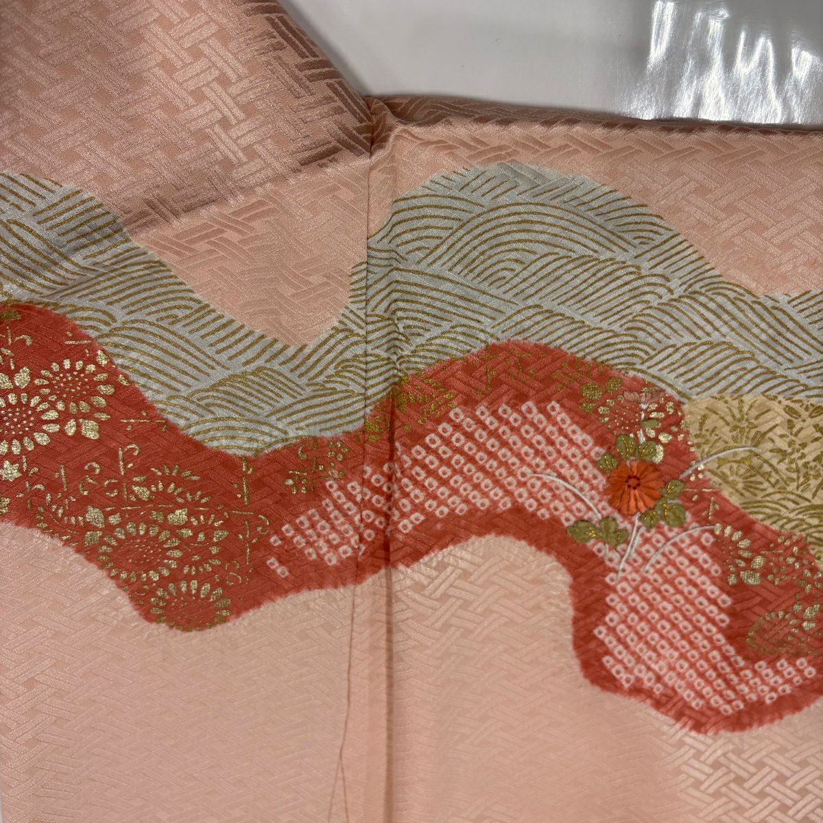 訪問服 身長163.5cm 袖長64cm M 雙層 草花紋紋 霞 絞染 刺繡 粉紅 純蠶絲 秀品級