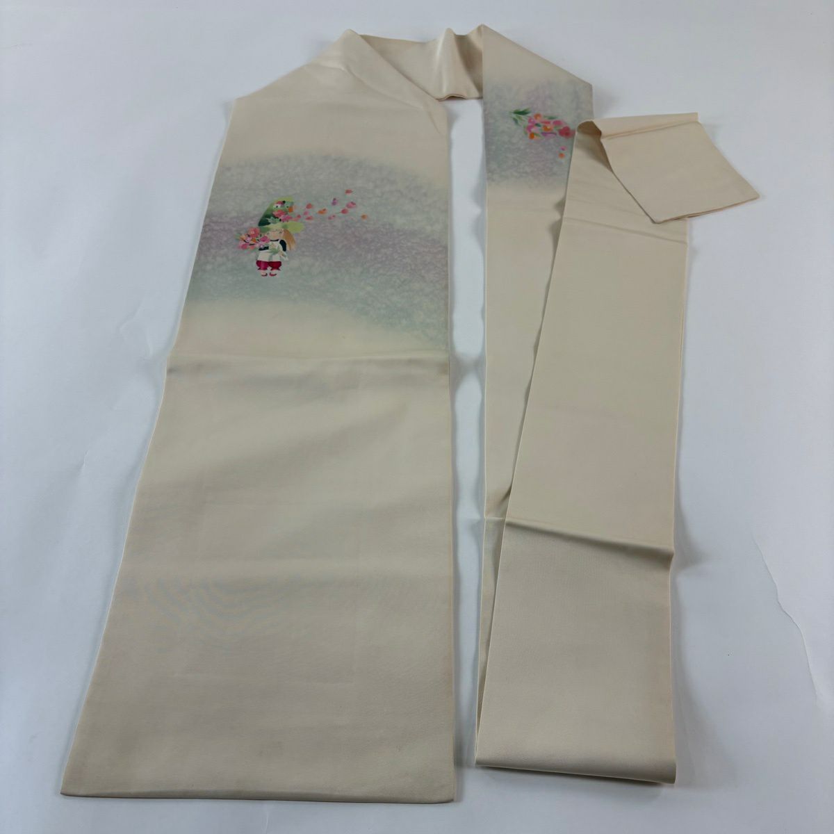 名古屋帶 優品級 女孩 草花紋 淡奶油色 純蠶絲
