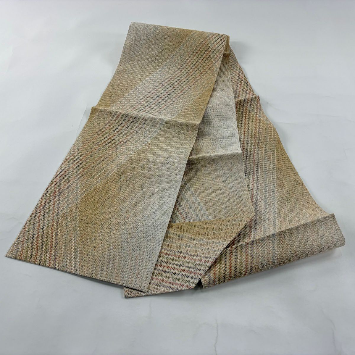 【美品】名古屋帶 秀品級 夏帶 八寸名古屋帶 松樹葉仕立 幾何學 米色 純蠶絲