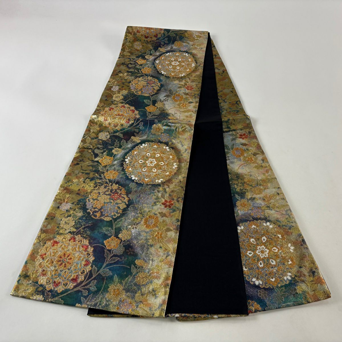 【美品】 袋帶 秀品級 華紋 花丸文 金絲 金金箔 青綠 六通 純蠶絲