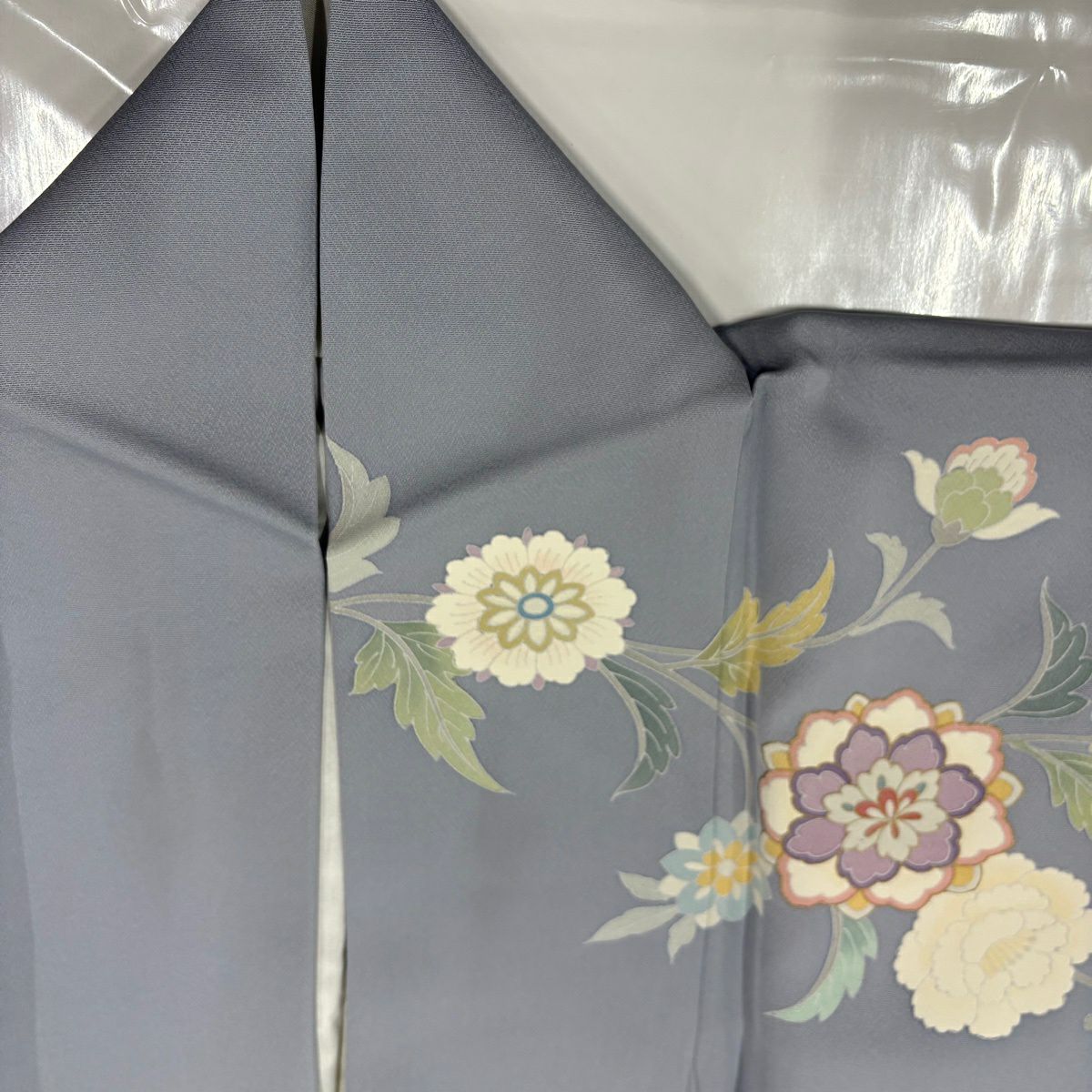 訪問服 身長160.5cm 袖長67cm M 雙層 花唐草紋 金絲 金銀彩 青灰 純蠶絲 秀品級