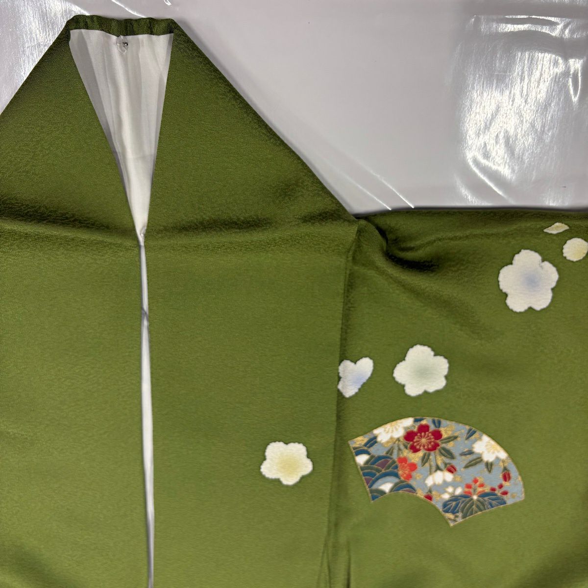 振袖禮服 身長168.5cm 袖長71cm L 雙層 扇子面 草花紋紋 金絲 金銀彩 艾草色 純蠶絲 秀品級
