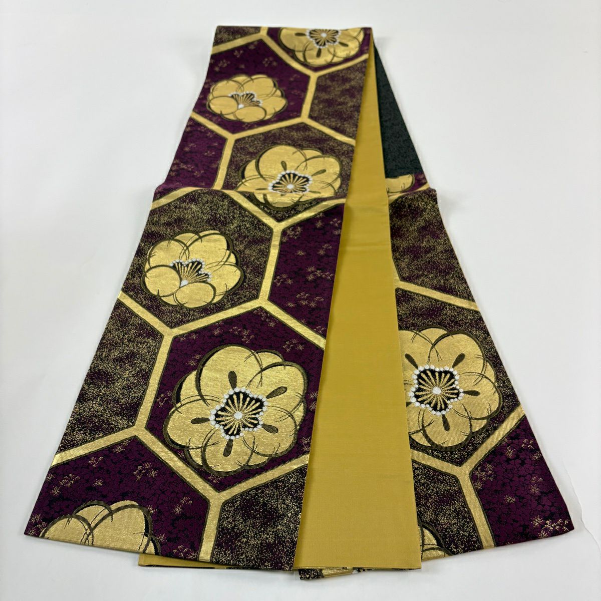 【美品】 袋帶 秀品級 梅花 龜甲 金絲 金金箔 紫 六通 純蠶絲