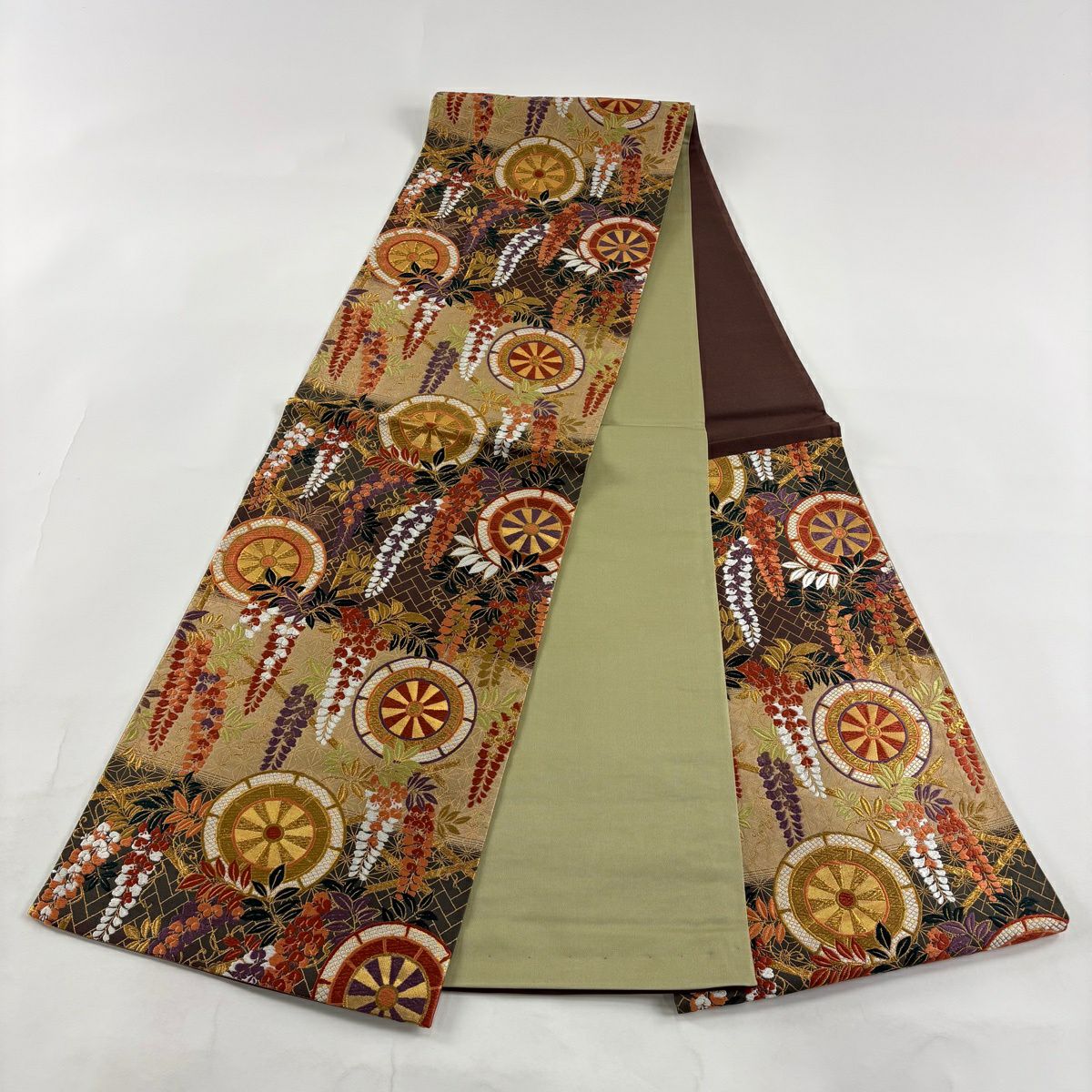 【美品】 袋帶 秀品級 振袖禮服禮服用 源氏車 藤 金絲 唐織 淺茶 六通 純蠶絲
