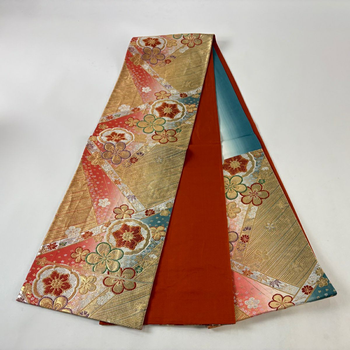 【美品】 袋帶 秀品級 草花紋紋 梅花 金銀彩 金色 六通 純蠶絲