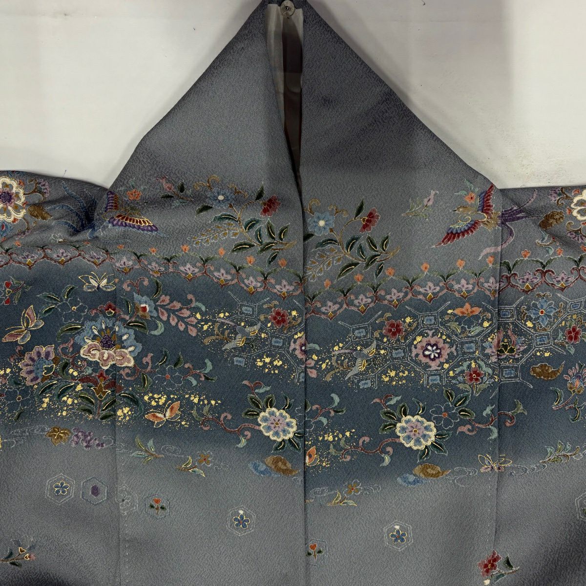 訪問服 身長152cm 袖長63cm S 雙層 花鳥 花唐草紋 金彩裝飾 漸層 青灰 純蠶絲 秀品級