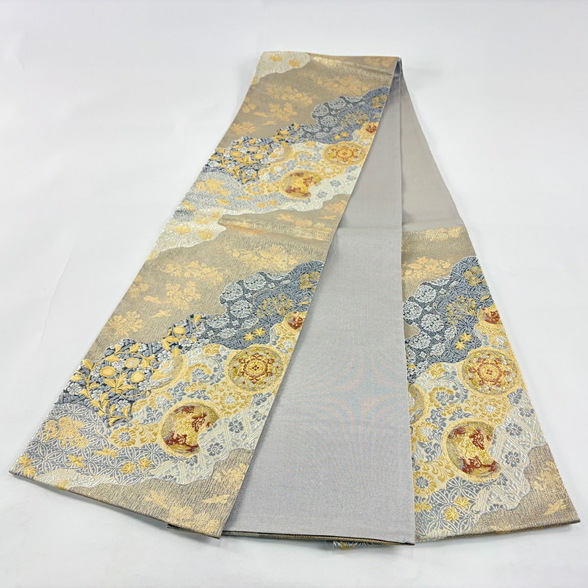 【美品】 袋帶 秀品級 華錦 金唐錦 華紋 花唐草紋 金銀糸 金金箔 薄茶 六通 純蠶絲