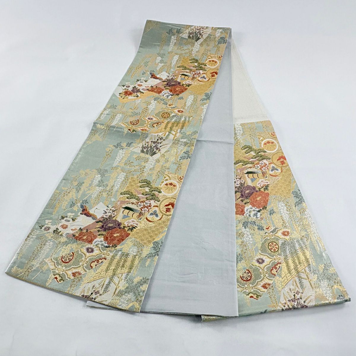 【美品】 袋帶 秀品級 蒔繪 御所車 仙鶴 金金箔 金絲 淺綠 六通 純蠶絲