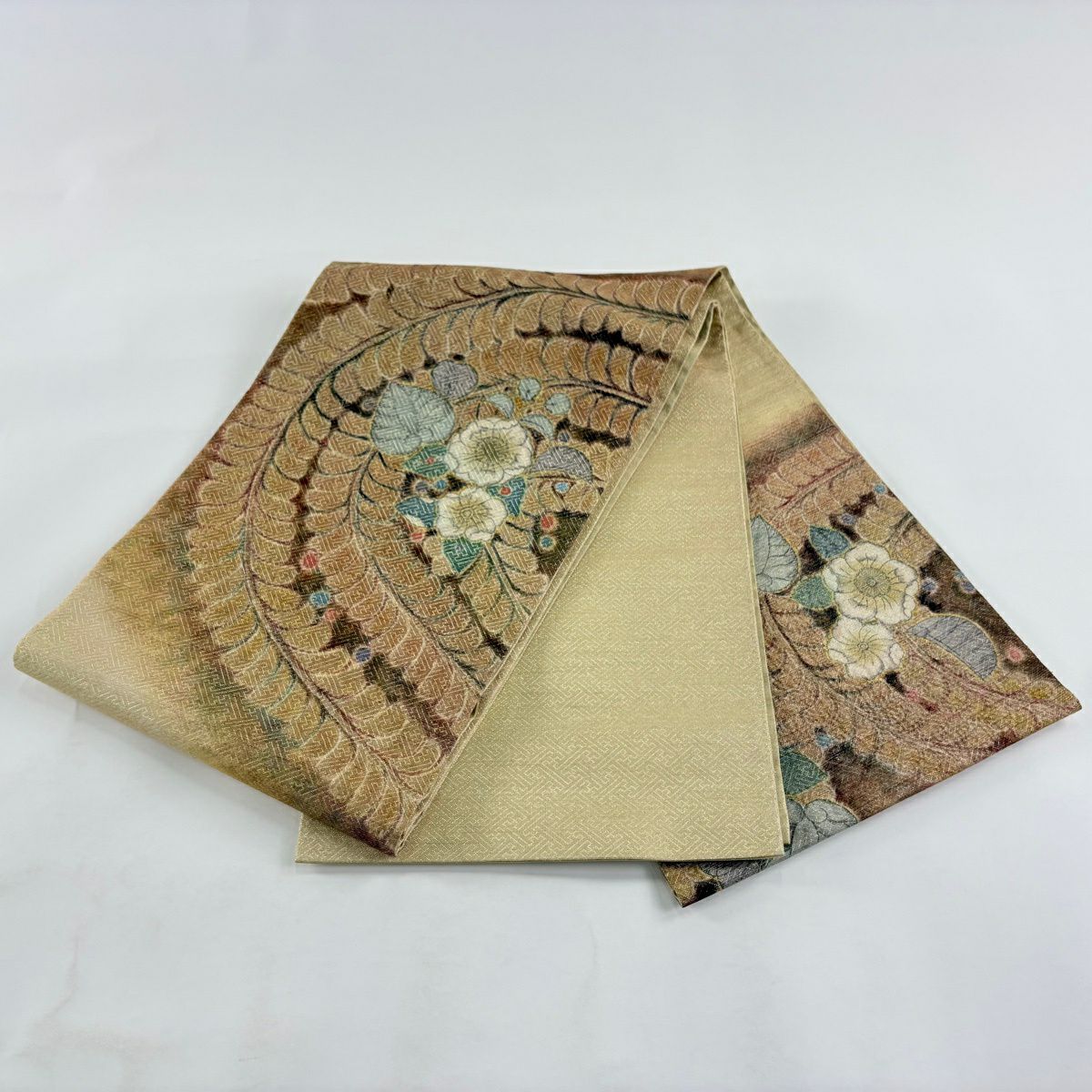 【美品】 袋帶 秀品級 辻花染圖案 金線 金金箔 茶 お太鼓圖案 純蠶絲