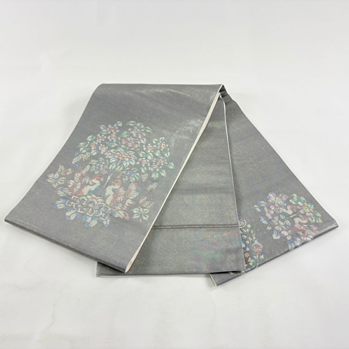 【美品】 袋帶 秀品級 樹下鳥獸紋 金金箔 灰 深藍色 正蠶絲