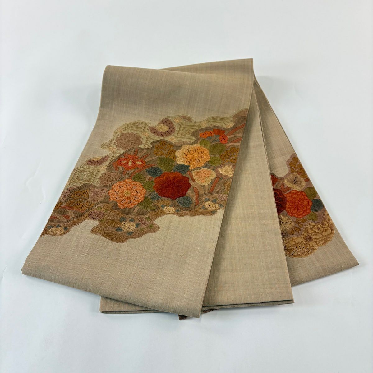 袋帶 秀品級 紬織織 菊花 蜀江華紋 刺繡 薄茶 金銀彩 純蠶絲