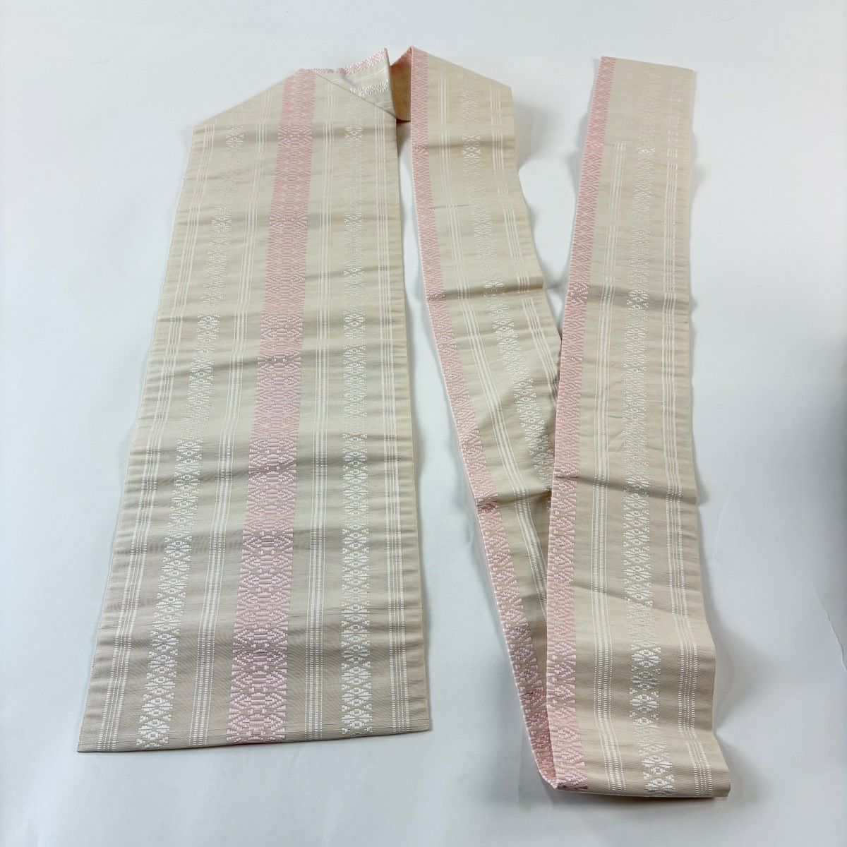 【美品】名古屋帶 優品級 八寸名古屋帶 献上圖案 米色 純蠶絲