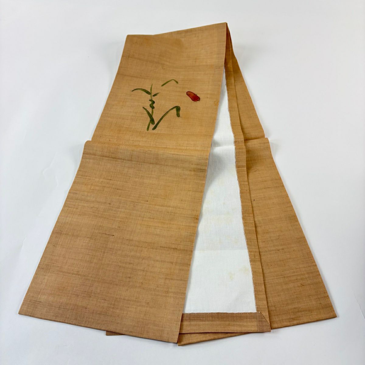 開口名古屋帶 優品級 夏帶 夏紬織地 草花紋紋 金絲 淺茶 麻