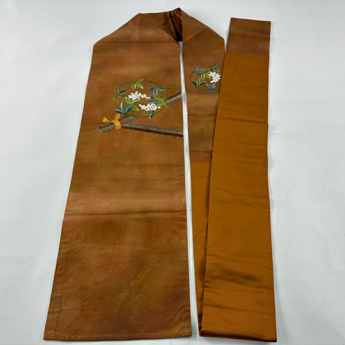 名古屋帶 秀品級 花丸紋 蘇州刺繡 金絲 茶 純蠶絲