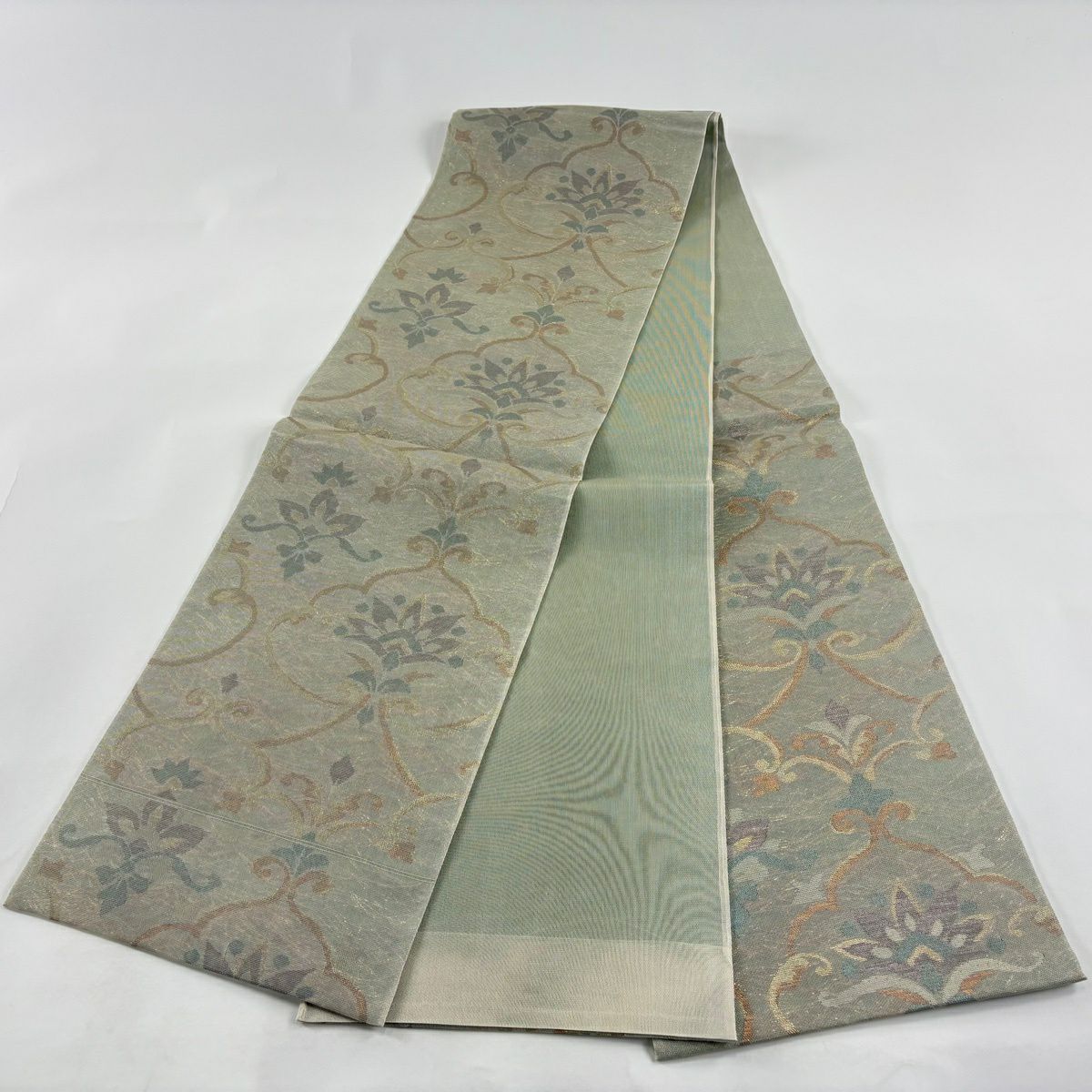 【美品】 袋帶 秀品級 夏帶 紗 草花紋幾何圖案 金金箔 灰綠 六通 純蠶絲