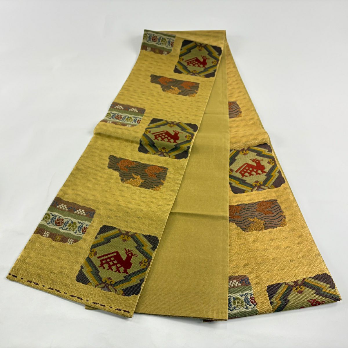 【美品】 袋帶 秀品級 有栖川文 荒磯 金糸 金金箔 黃土 深藍 六通 純蠶絲