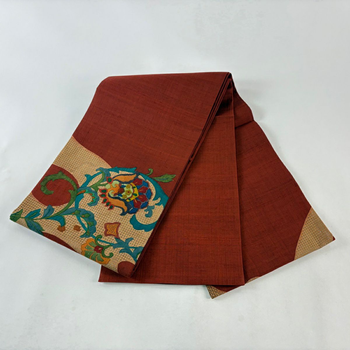 【美品】 袋帶 秀品級 紬織織 草花紋紋 刺繡 紅茶 お太鼓柄 純蠶絲