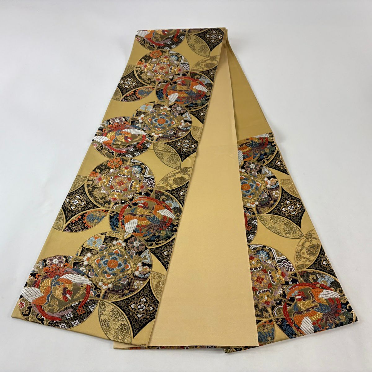 【美品】 袋帶 秀品級 華紋 鳥 金絲 刺繡 山吹茶 六通 純蠶絲