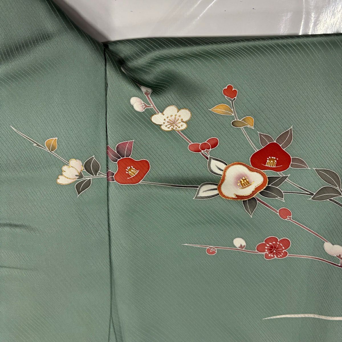 【美品】訪問服 身長157.5cm 袖長68cm L 雙層 椿 橘 金銀彩 刺繡 淺綠 純蠶絲 名品級