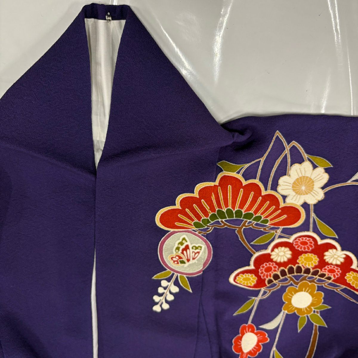振袖禮服 身長159cm 袖長66.5cm M 雙層 笠松樹 枝垂櫻 金絲 金銀彩 紫 純蠶絲 名品級