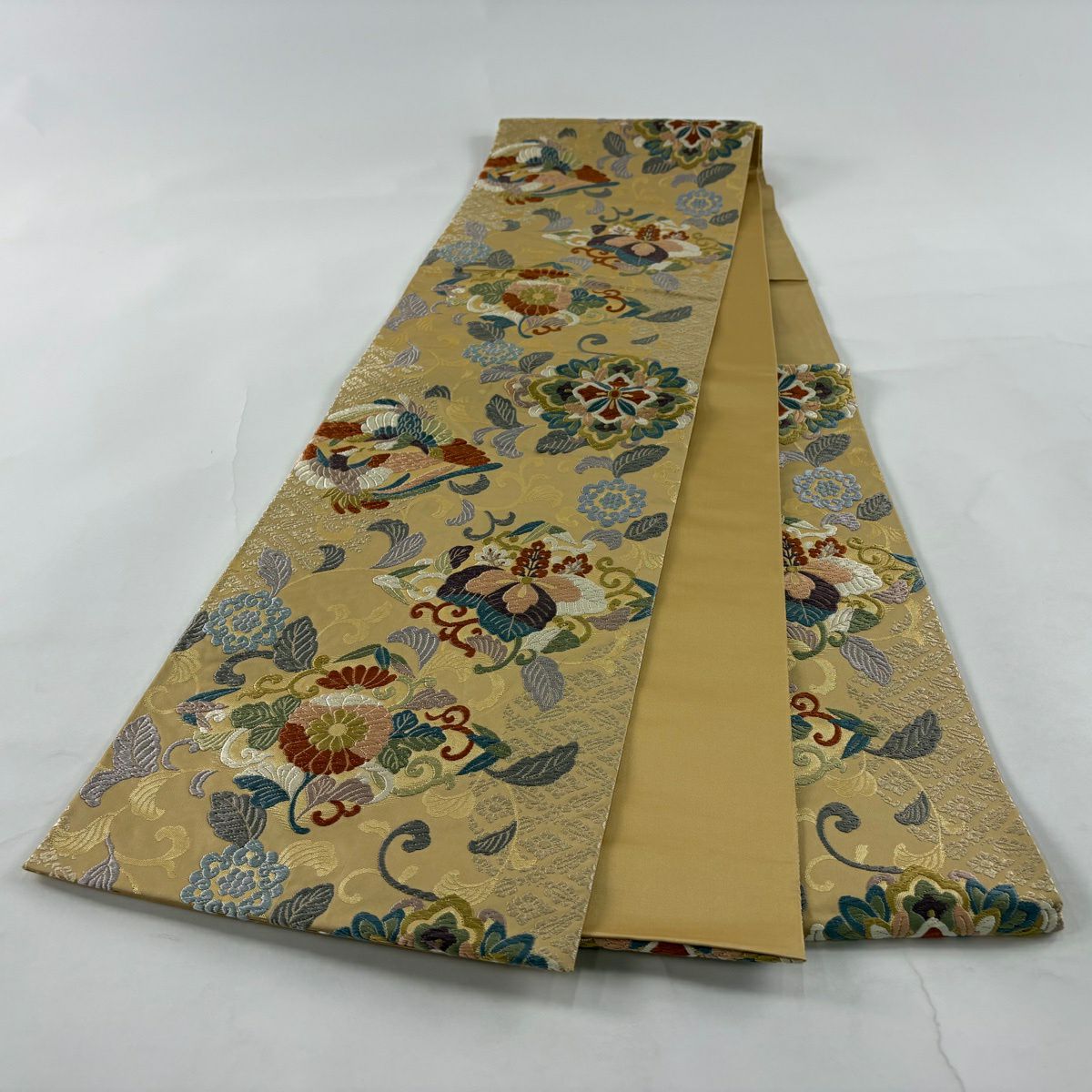 【美品】 袋帶 名品級 桐 鳳凰 唐織 金金箔 米色 六通 純蠶絲
