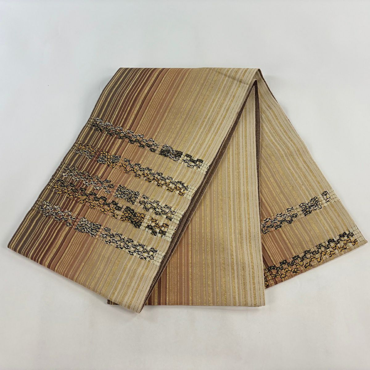 【美品】 袋帶 名品級 條紋 幾何學 金絲 粉米色 大鼓圖案 純蠶絲