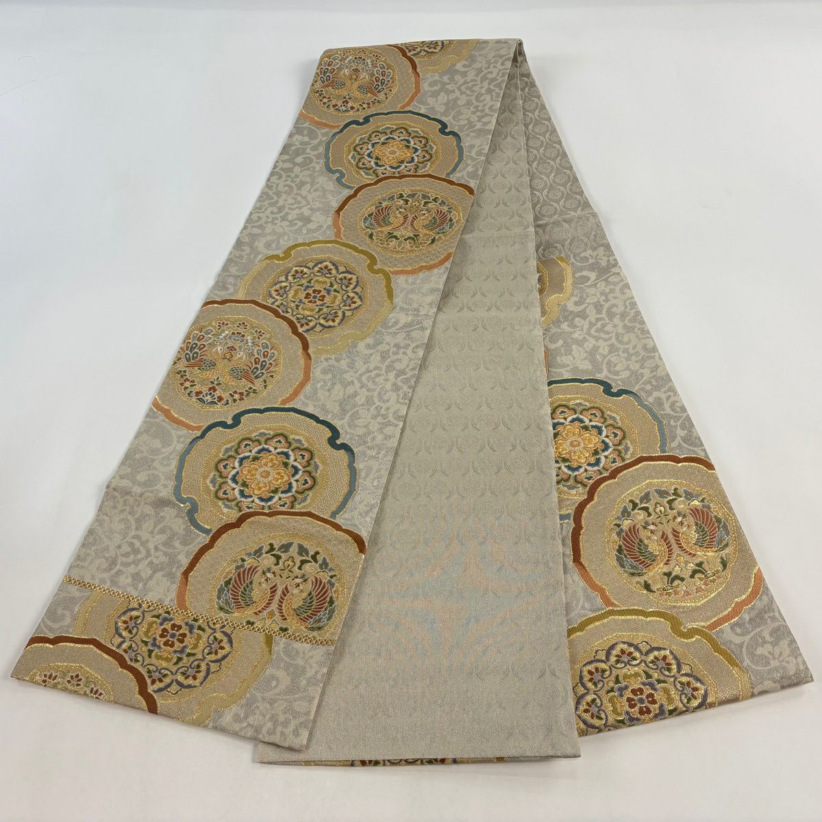 【美品】 袋帶 名品級 華紋 向鳥 金絲 金金箔 灰色 六通 純蠶絲
