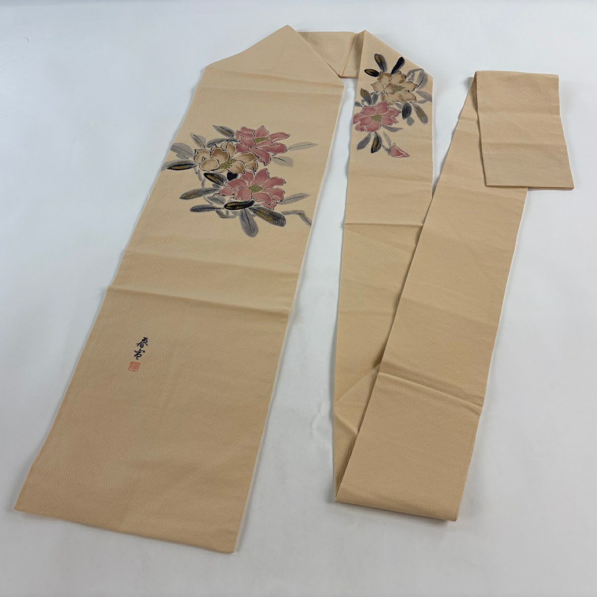 【美品】 名古屋帶 名品級 落款 草花紋紋 金彩裝飾 淺橙色 純蠶絲