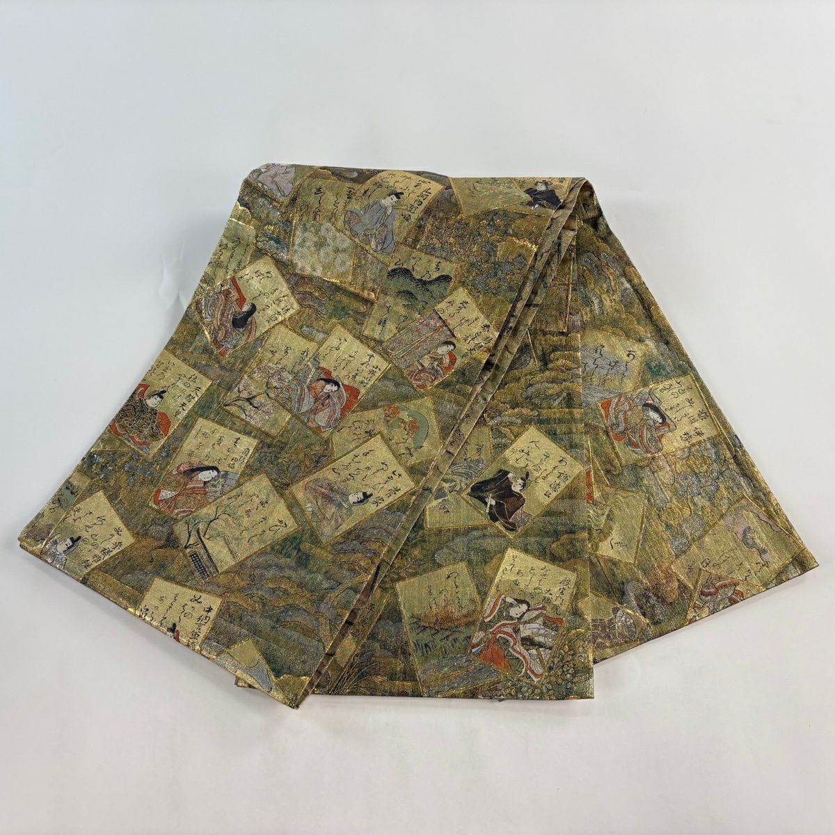 【美品】 袋帶 名品級 百人一首 樹木 金金箔 金色 大鼓圖案 純蠶絲