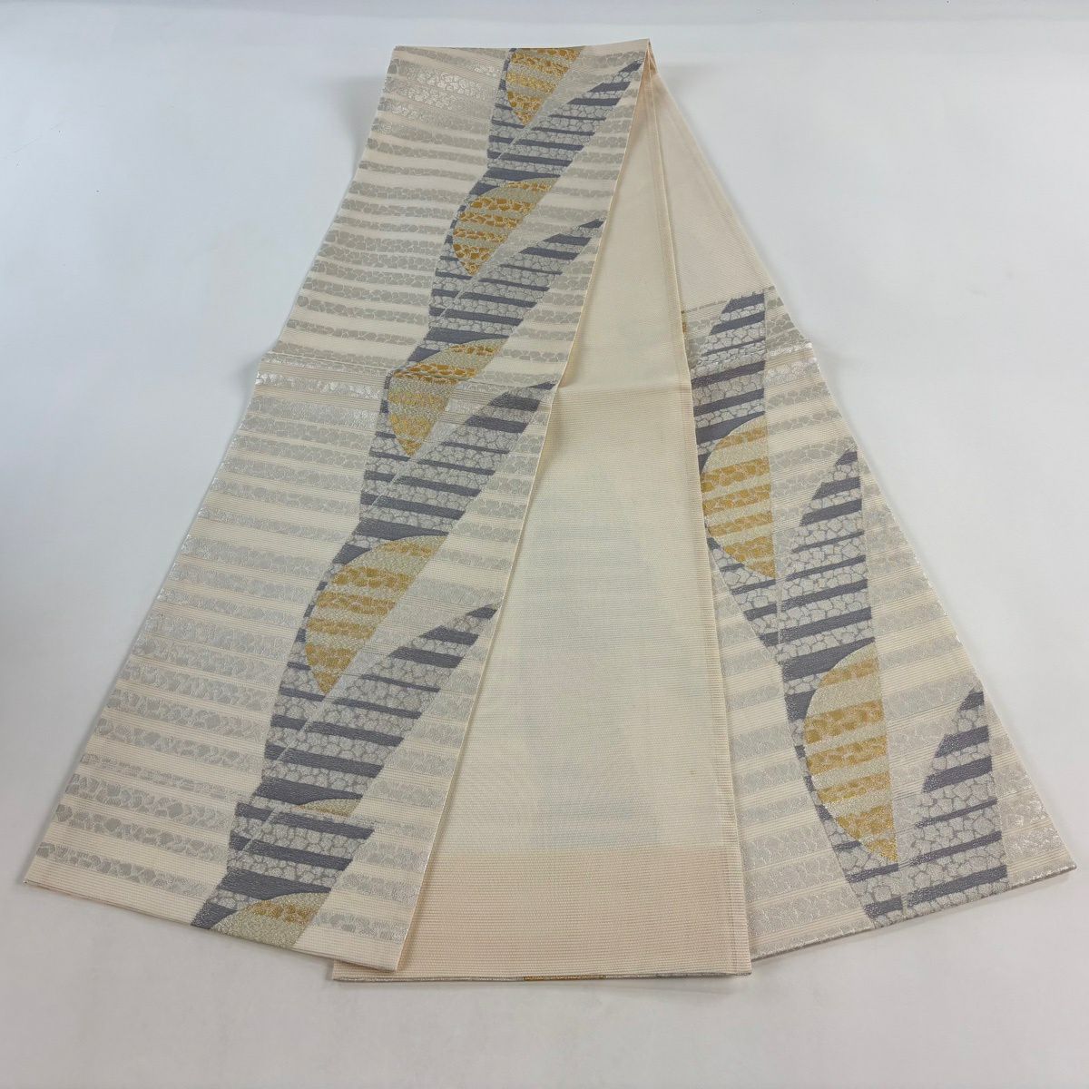 【美品】 袋帶 名品級 夏帶 絽 縞 幾何學 金金箔 奶油 六通 純蠶絲