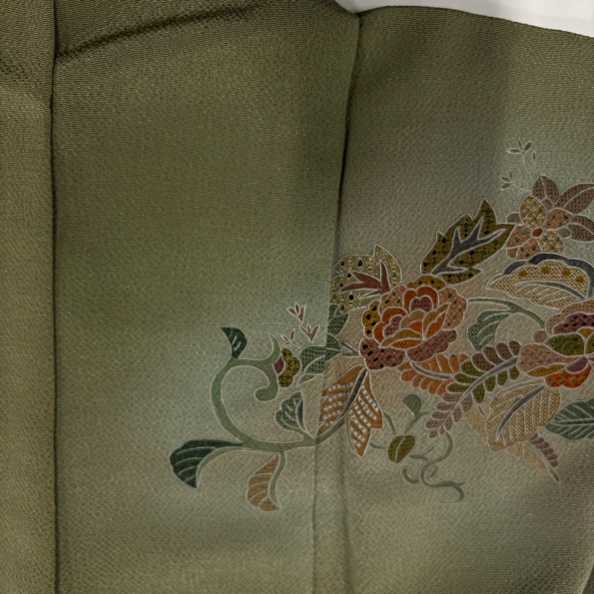 訪問服 身長160cm 袖長63cm S 雙層 草花紋紋 刺繡 縮緬 灰綠 純蠶絲 名品級