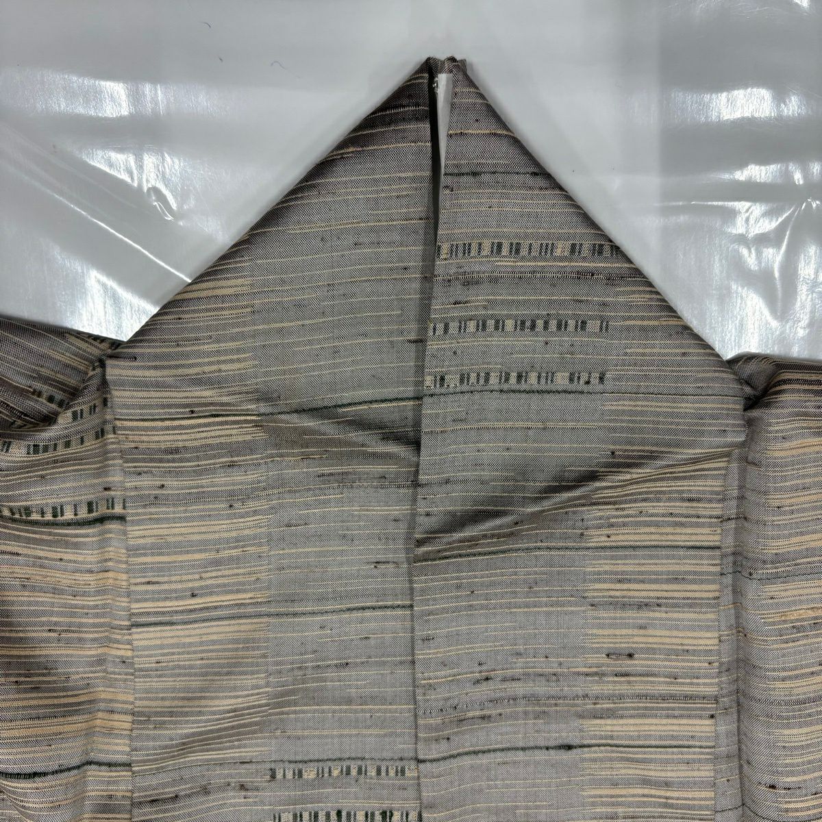 【美品】 紬織 身長155cm 袖長63cm S 單層 條紋 幾何圖案 灰茶 純蠶絲 名品級