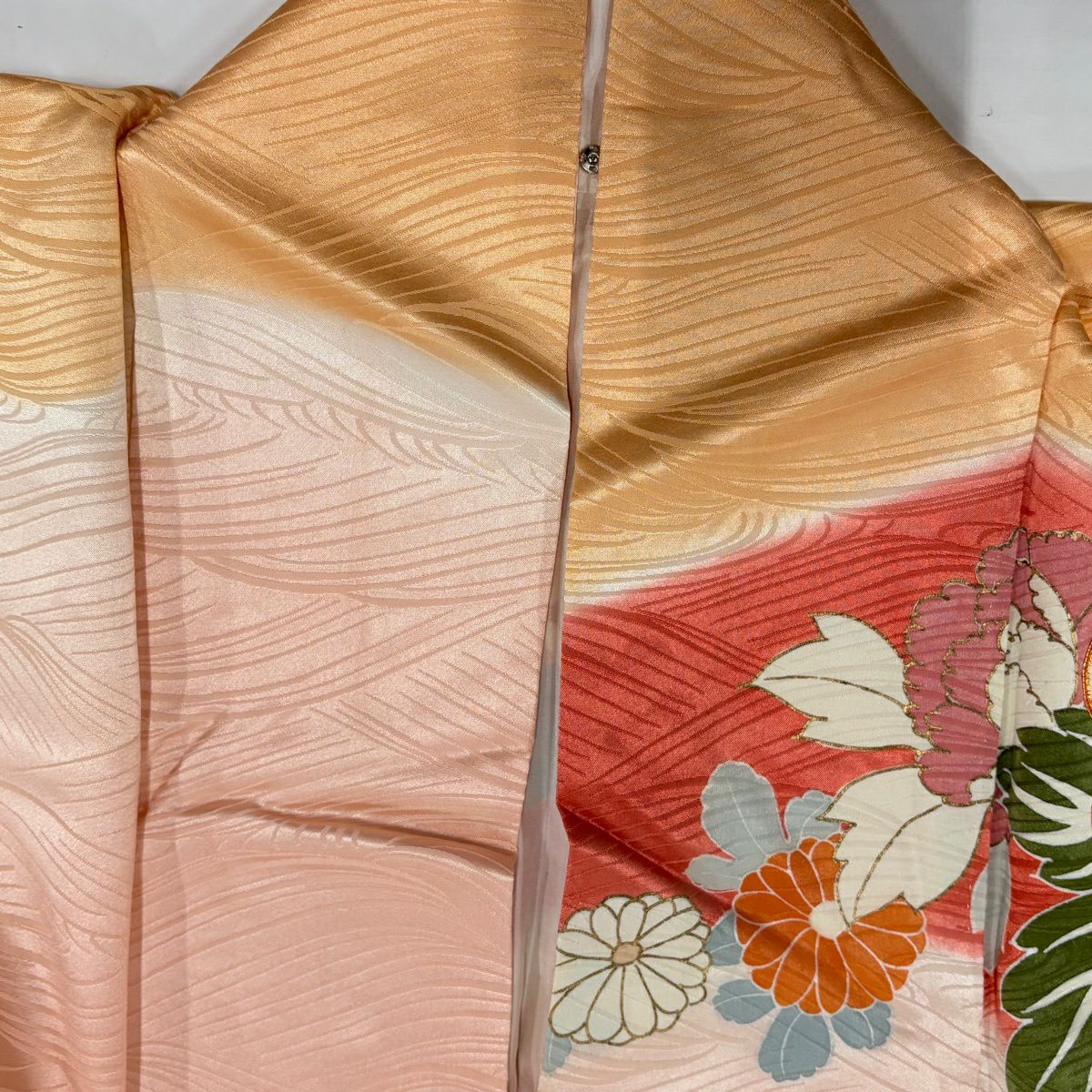 振袖禮服 身長167cm 袖長66cm M 雙層 菊花 牡丹 金絲 金銀彩 粉紅 純蠶絲 名品級