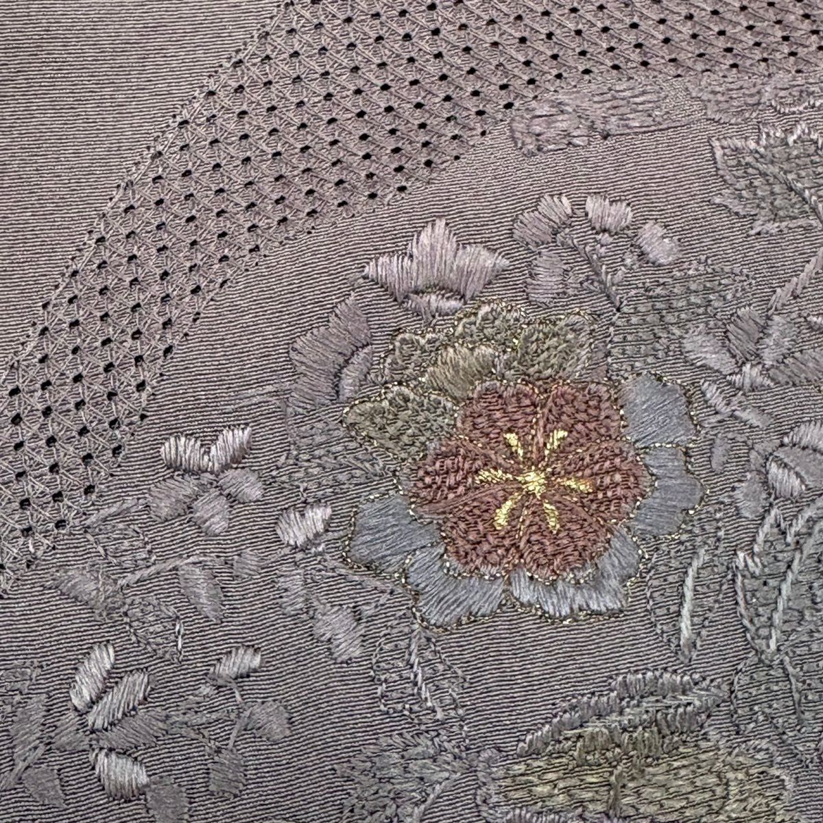 付下 身長159cm 袖長63.5cm S 雙層 華紋 向鳥刺繡 金線 灰紫 純蠶絲 優品級