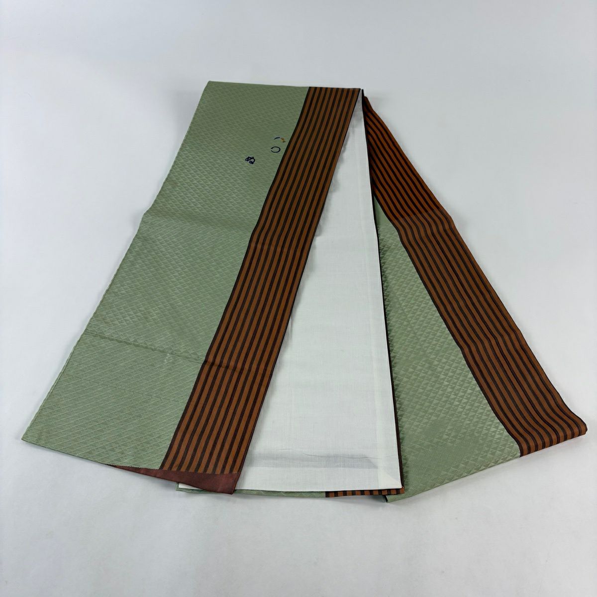 【美品】 開口名古屋帶 優品級 圖案 條紋 淺綠 純蠶絲