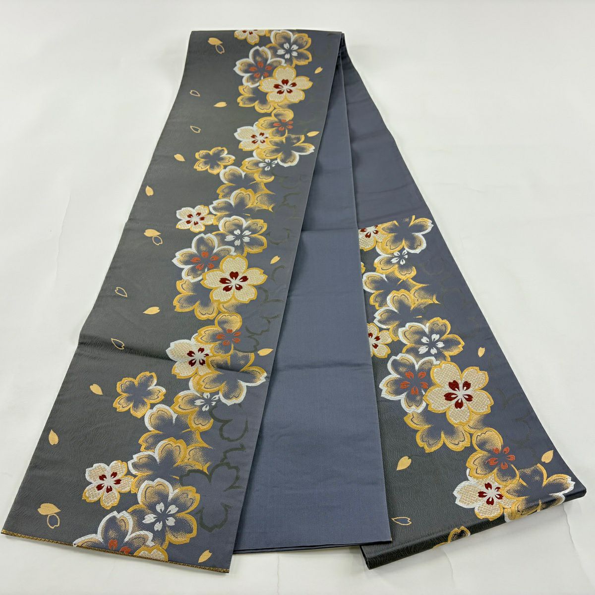 袋帶 秀品級 樱花 樱花花瓣 刺繡 灰色 六通 純蠶絲