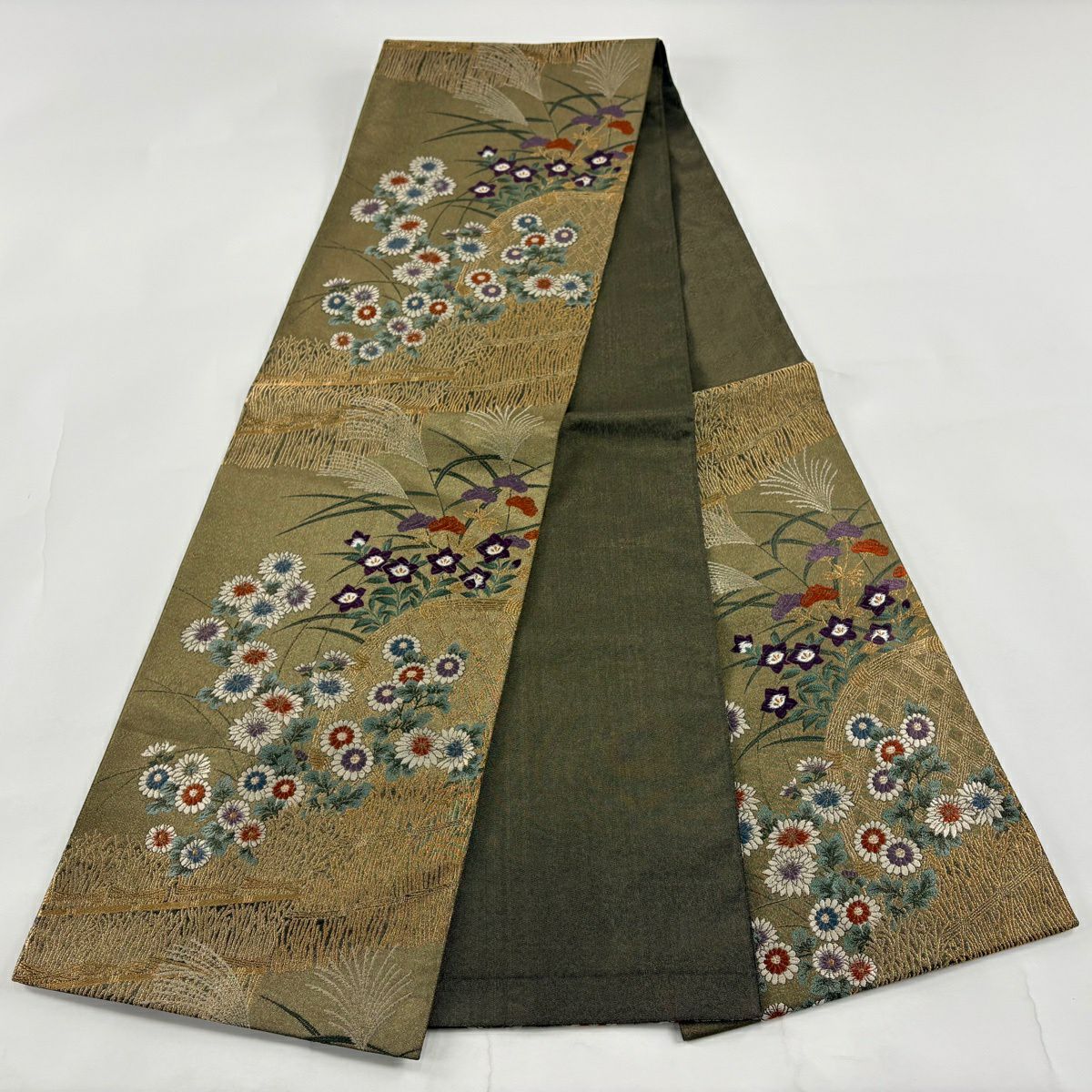 【美品】 袋帶 秀品級 花井幸子 落款あり 菊花 光悦垣 金糸 茶綠 六通 純蠶絲