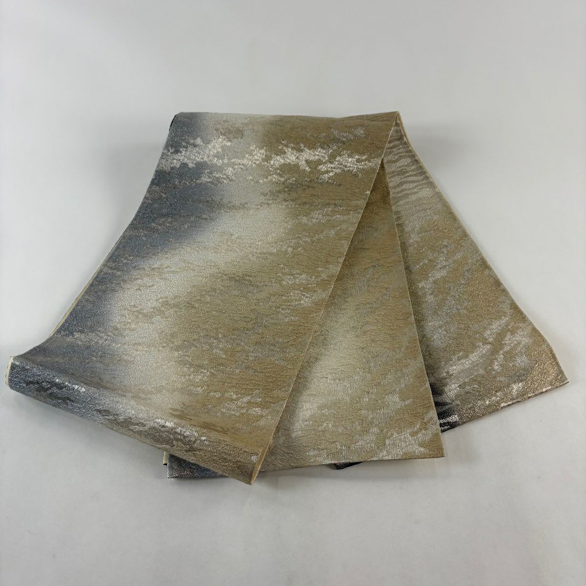 【美品】 袋帶 秀品級 霞 銀線 青灰 深藍色 お太鼓圖案 純蠶絲
