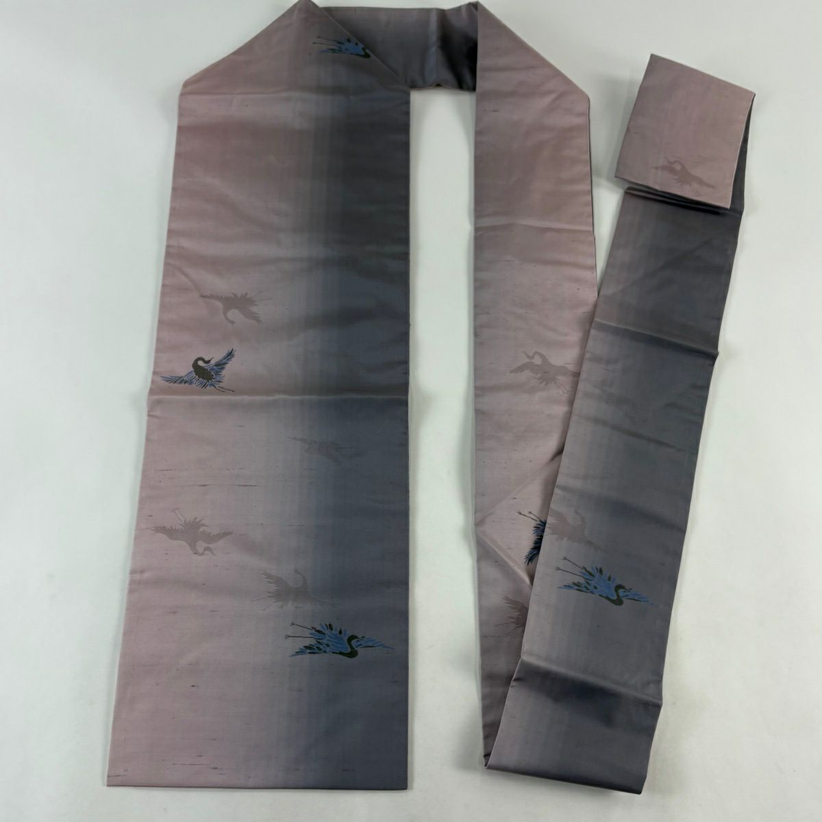 【美品】名古屋帶 秀品級 紬織織 仙鶴 輪廓 淺紫 純蠶絲