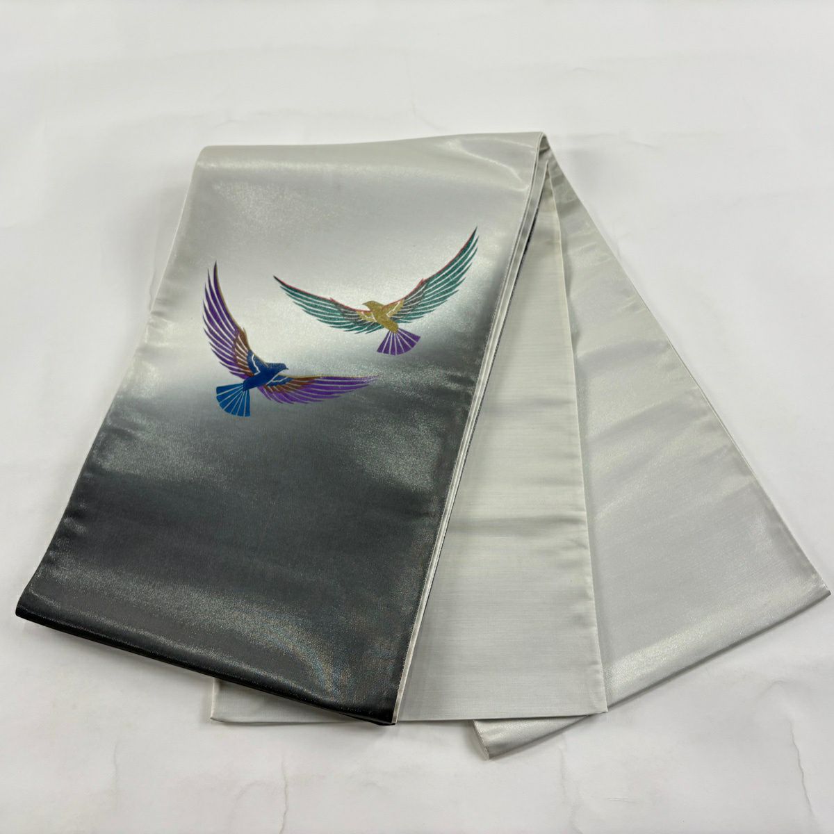 【美品】 袋帶 秀品級 鳥 銀線 灰 深藍色 お太鼓圖案 純蠶絲