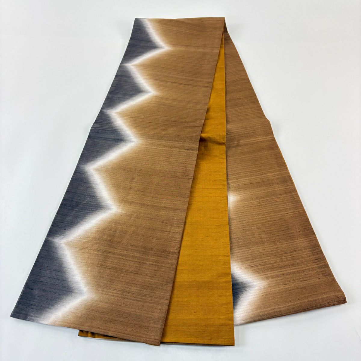 袋帶 秀品級 紬織織 縞 幾何學 漸變 茶 全通 純蠶絲